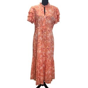 Olivia James The Label Delia Floral Maxi Dress Ruffle Sleeves Peach Boho Size L‎